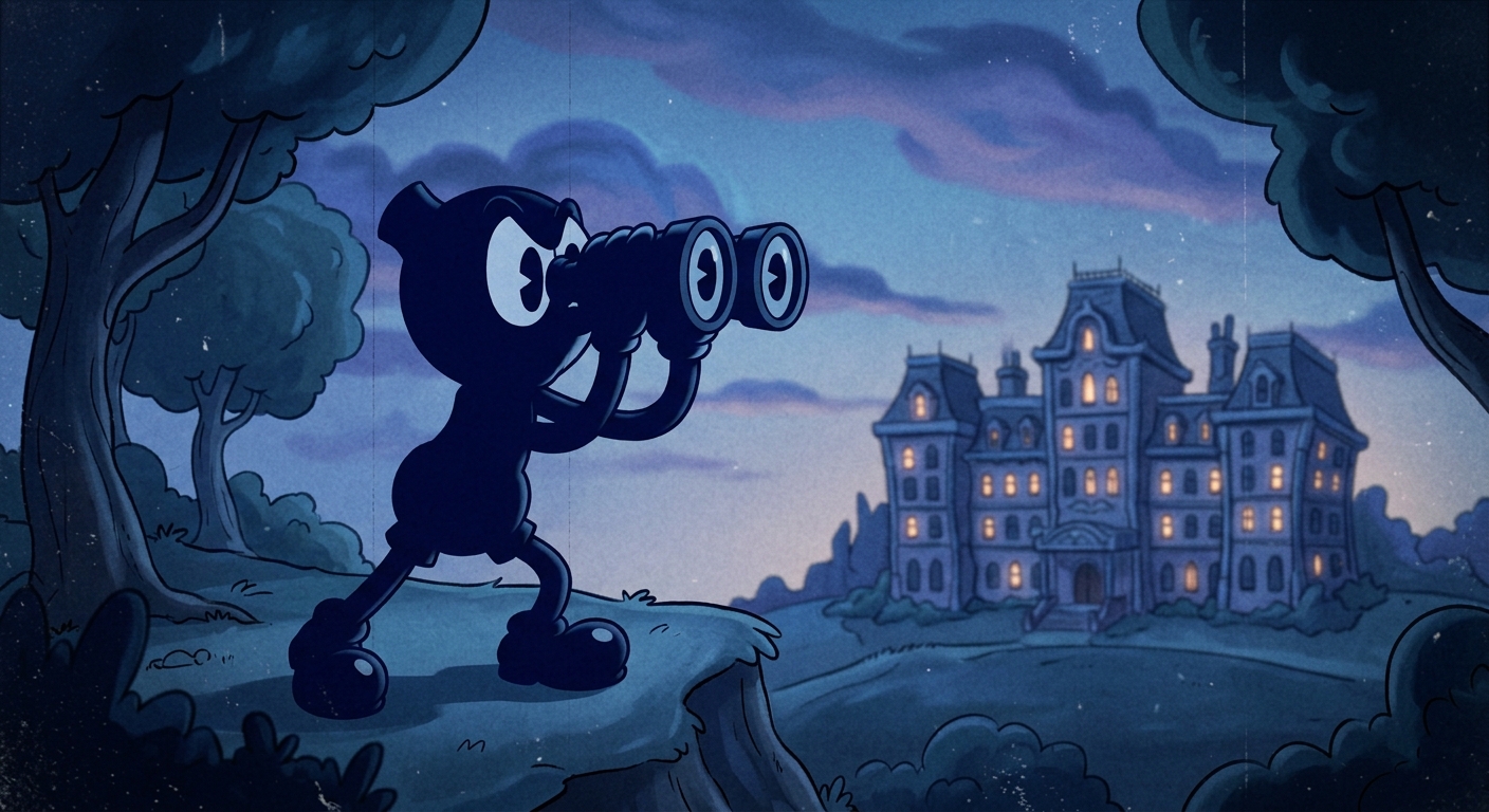A figure looking through binoculars at a lit building at dusk