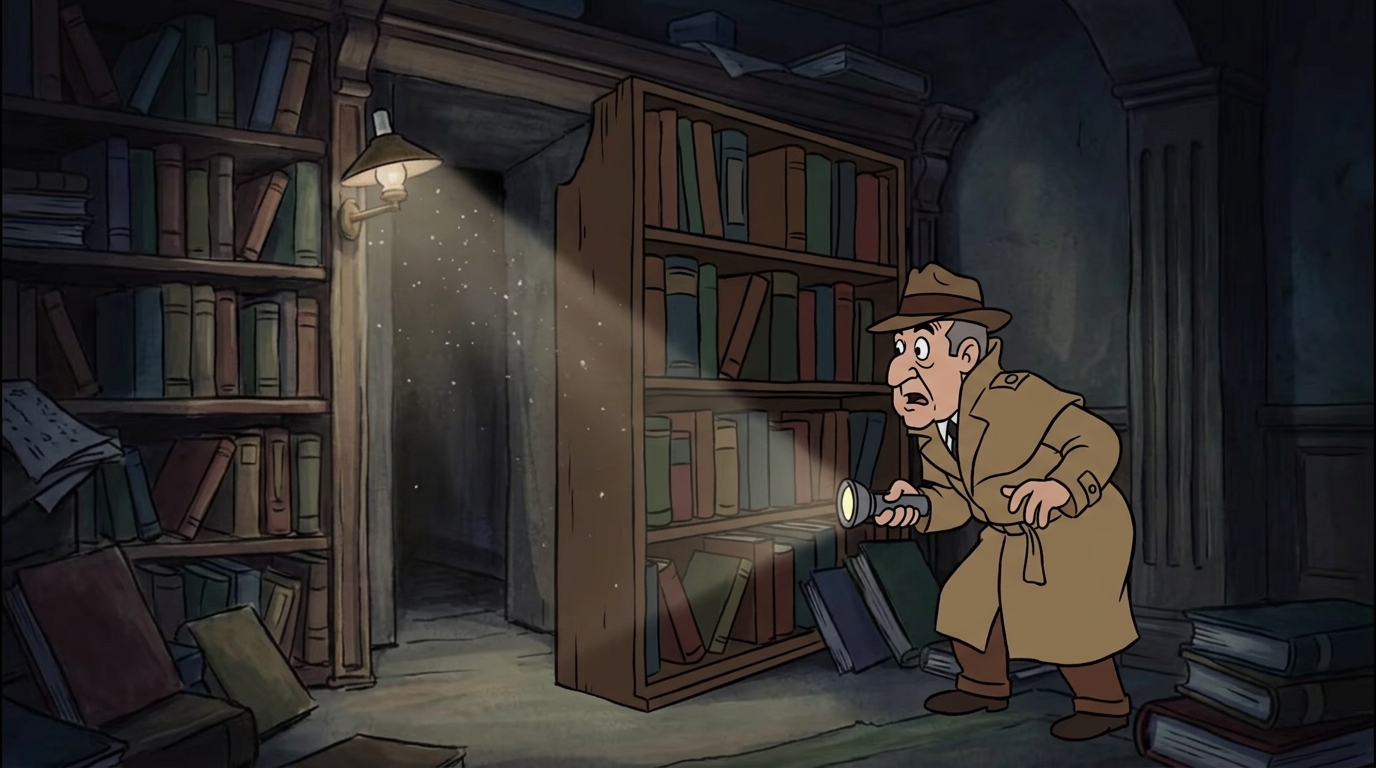A hidden trapdoor built into a bookshelf, slightly open