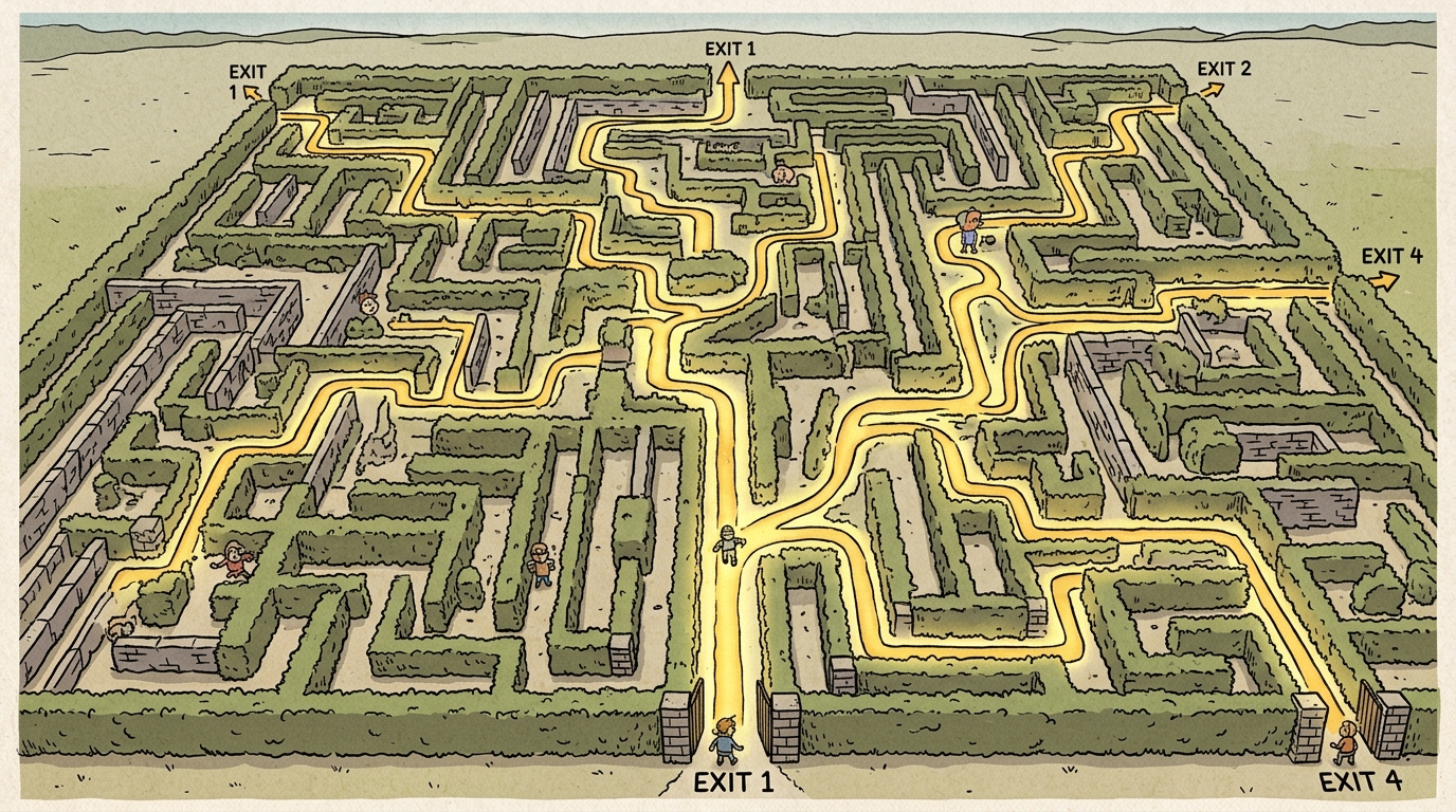 An aerial view of a maze with a glowing path branching toward multiple exits