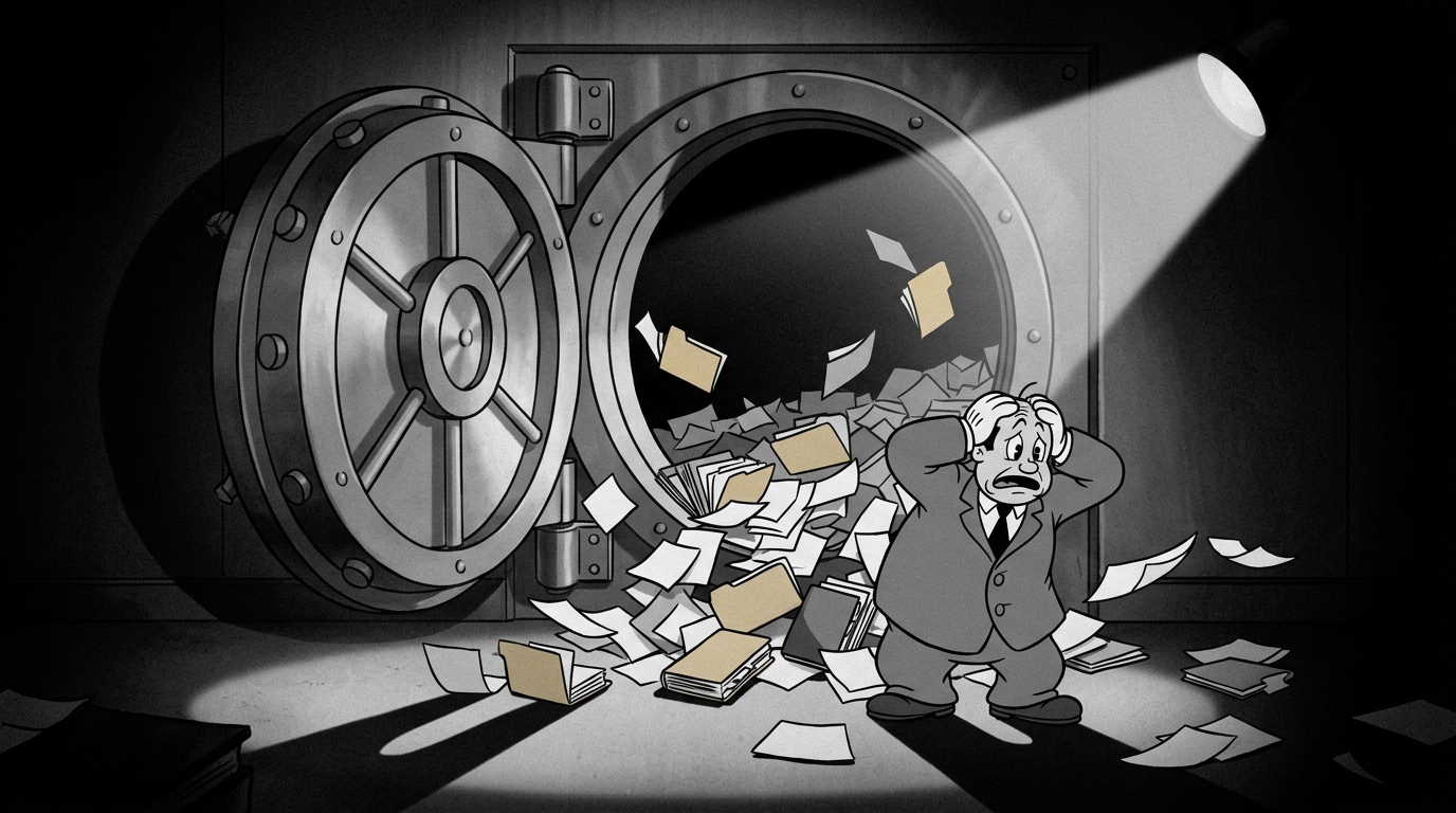 A vault door wide open with files spilling out
