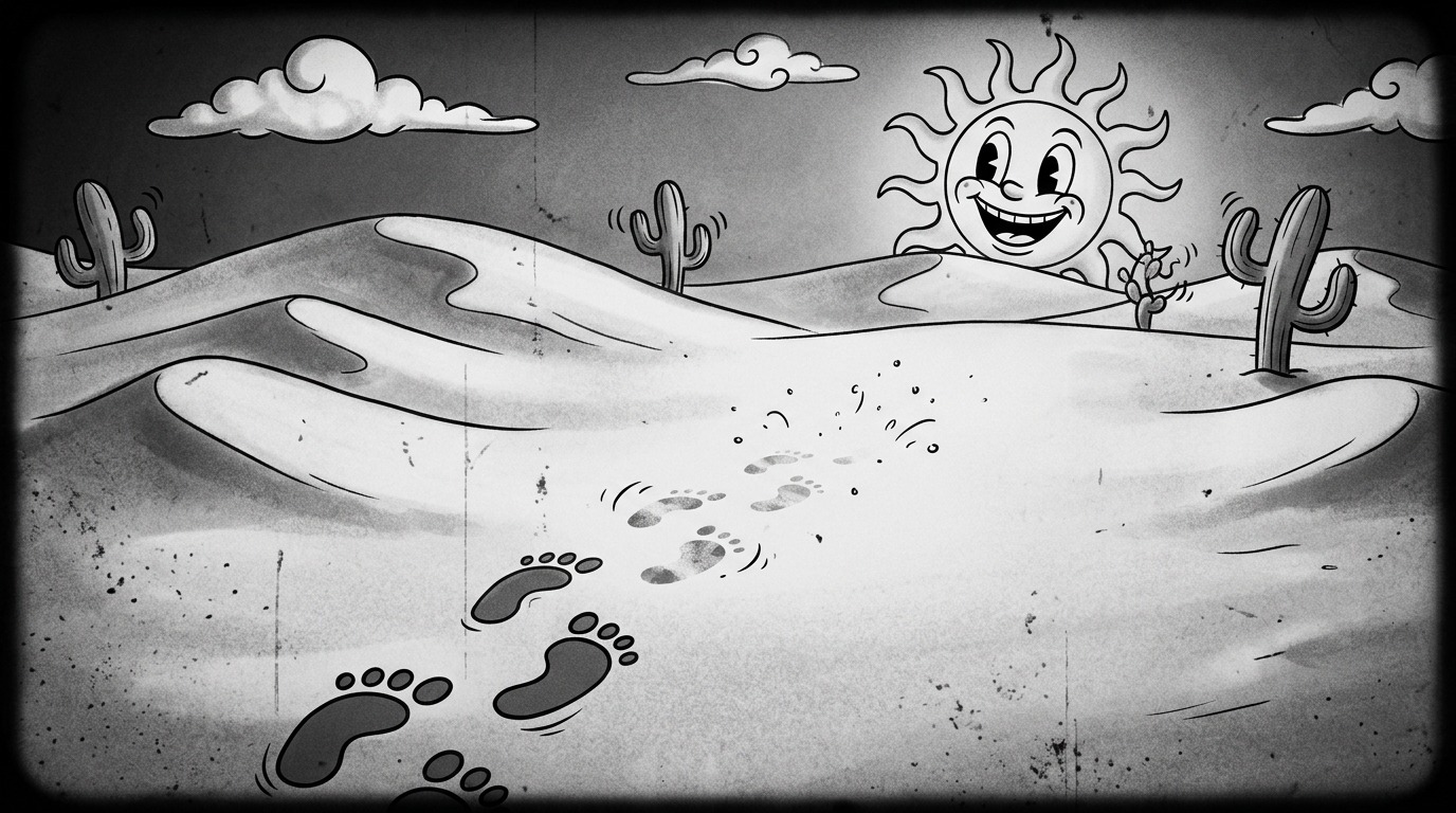 Footprints fading away and disappearing midway across sand
